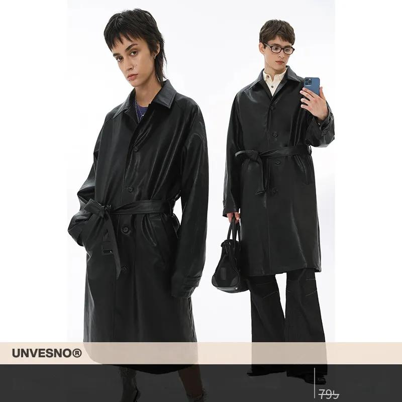 Unvesno (Un) 가을 새로운 Maillard 스타일 노팅 힐 가죽 코트 옷깃 중간 길이의 복고풍 트렌치 코트 겉옷